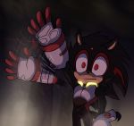  2019 anthro black_hair bodysuit clothing eulipotyphlan gesture gloves hair handwear hedgehog hi_res hyoumaru male mammal multicolored_hair red_eyes red_hair shadow_the_hedgehog simple_background skinsuit solo sonic_the_hedgehog_(series) standing tight_clothing two_tone_hair waving wide_eyed 