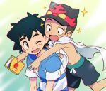  2boys baseball_cap black_eyes black_shorts blue_shirt blush book brown_eyes cape gen_7_pokemon hat hug hug_from_behind incineroar kukui_(pokemon) multiple_boys okaohito1 one_eye_closed open_mouth pokemon pokemon_(anime) pokemon_sm_(anime) satoshi_(pokemon) shirt shirtless shorts sparkle younger 