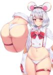  1girl animal_ears ass bangs blush bow breasts cameltoe commentary fake_animal_ears granblue_fantasy hair_bow hair_ornament hairband hairclip heart highres kuavera lips long_sleeves looking_at_viewer mouse_ears multiple_views navel no_pants panties red_bow red_eyes shirt short_hair silver_hair simple_background skindentation sleeves_past_wrists small_breasts smile star thigh_strap underwear vikala_(granblue_fantasy) white_background white_hair white_panties white_shirt wide_sleeves 