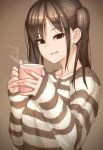  1girl bangs brown_background brown_eyes brown_hair brown_sweater brown_theme eyebrows_visible_through_hair highres holding holding_drink long_hair long_sleeves looking_at_viewer mogtate original parted_lips smile solo steam striped striped_sweater sweater twintails upper_body white_sweater 