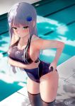  1girl adjusting_clothes adjusting_swimsuit black_legwear blue_swimsuit breasts cleavage competition_swimsuit girls_frontline green_eyes highres hk416_(girls_frontline) large_breasts one-piece_swimsuit pool poolside shirosaba swimsuit swimsuit_pull 
