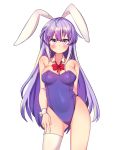  1girl animal_ears arm_behind_back bangs bare_arms bare_shoulders blush bow bowtie breasts bunny_ears bunnysuit collarbone commentary_request contrapposto cowboy_shot detached_collar erina_(rabi-ribi) eyebrows_visible_through_hair hair_between_eyes hand_on_own_thigh highres korean_commentary kosobin large_breasts leotard long_hair looking_at_viewer purple_eyes purple_hair purple_leotard rabi-ribi red_neckwear simple_background single_thighhigh solo thighhighs very_long_hair white_background white_legwear wrist_cuffs 