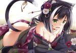  1girl animal_ear_fluff animal_ears ass bare_shoulders black_hair black_kimono blush breasts cat_ears cat_girl cat_tail cleavage collarbone commentary_request flower green_eyes hair_flower hair_ornament japanese_clothes kimono kyaru_(princess_connect) looking_at_viewer lying multicolored_hair natsume_eri no_panties off_shoulder on_stomach open_mouth princess_connect! princess_connect!_re:dive print_kimono small_breasts solo streaked_hair tail white_hair 