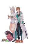  1boy 2girls a082 animal_ears animal_slippers black_hair bottomless brown_hair cat coffee_mug cup doctor_(granblue_fantasy) erune feather_hair_ornament glasses gran_(granblue_fantasy) granblue_fantasy hand_in_pocket harvin korwa labcoat lunalu_(granblue_fantasy) mug multiple_girls pointy_ears ponytail silver_hair slippers squatting track_suit white_background 
