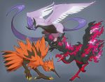  articuno bird bird_focus blue_eyes claws commentary creature english_commentary fire flying full_body galarian_articuno galarian_form galarian_moltres galarian_zapdos gen_1_pokemon looking_at_viewer moltres no_humans pokemon pokemon_(creature) signature standing velkss yellow_eyes zapdos 