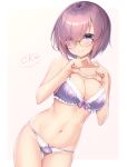  1girl ass_visible_through_thighs bare_arms bare_shoulders black-framed_eyewear blush border bra breasts cleavage closed_mouth collarbone cowboy_shot eyebrows_visible_through_hair eyes_visible_through_hair fate/grand_order fate_(series) glasses hair_over_one_eye hands_on_own_chest heart heart_hands leaning_to_the_side looking_at_viewer mash_kyrielight medium_breasts navel nullken outside_border panties pink_hair purple_bra purple_eyes purple_panties short_hair simple_background smile solo speech_bubble stomach thigh_gap underwear underwear_only white_border yellow_background 