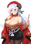  1girl aran_sweater azur_lane bangs bare_shoulders belfast_(azur_lane) belfast_(shopping_with_the_head_maid)_(azur_lane) beret black_bow black_choker black_skirt blush bow breasts brown_legwear brown_sweater choker cleavage collarbone commentary_request cowboy_shot earrings eyebrows_visible_through_hair food hair_between_eyes hands_up hat hat_bow highres holding holding_food hoop_earrings jewelry large_breasts long_hair long_sleeves looking_at_viewer miniskirt nail_polish off-shoulder_sweater off_shoulder pantyhose pencil_skirt pocky purple_eyes red_headwear red_nails sash shawl silver_hair simple_background skirt smile solo standing sweater thighs tokoya_(ex-hetare) very_long_hair white_background white_sash 