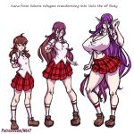  1:1 big_breasts bottomwear breast_expansion breasts brown_hair cleavage clothed clothing elf growth hair hip_expansion huge_breasts human humanoid mammal n647 nipple_outline purple_hair school_uniform skirt small_breasts text thick_thighs transformation uniform 