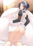  apron apron_lift ass blue_hair bottomless breasts eyebrows_visible_through_hair frills highres idolmaster idolmaster_cinderella_girls jjune juliet_sleeves long_sleeves looking_back maid maid_apron maid_headdress no_bra no_panties no_pants puffy_long_sleeves puffy_sleeves short_hair sideboob takagaki_kaede twitter_username yellow_eyes 