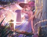  1girl aki_rosenthal alternate_costume bangs bare_shoulders blonde_hair breasts closed_mouth cloud collarbone cracked_wall dress flower grass hat hat_flower highres holding holding_hat hololive long_hair outdoors parted_bangs purple_eyes sideboob sky solo sun_hat ten_no_hoshi tree_branch virtual_youtuber white_dress 