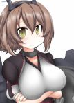  breasts brown_hair crossed_arms gloves green_eyes hairband headgear kantai_collection large_breasts looking_at_viewer machinery mutsu_(kantai_collection) ouno_(nounai_disintegration) radio_antenna remodel_(kantai_collection) short_hair simple_background smile twitter_username upper_body white_background white_gloves 