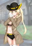  1girl azur_lane bare_tree belt black_bikini_top black_headwear black_shorts blonde_hair blowing blurry blurry_background blush breasts brown_jacket building cleavage collarbone commentary_request cowboy_hat cowboy_shot front-tie_bikini front-tie_top fur-trimmed_jacket fur_trim green_eyes hands_together hat highres hornet_(azur_lane) jacket kamui_aya long_hair long_sleeves looking_at_viewer midriff mittens navel open_clothes open_jacket pocket short_shorts shorts sidelocks signature solo standing thighhighs tree twintails white_legwear white_mittens window 