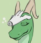  ambiguous_gender disembodied_hand dragon eyes_closed green_body green_scales head_pat horn petting scales scalie simple_background yamagah 