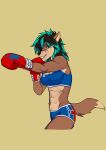  2019 abs absurd_res anthro audlin black_hair black_nose bottomwear boxing boxing_gloves bra breasts brown_eyes canid canine canis clothing coyote digital_media_(artwork) dipstick_tail eyebrows eyelashes female fur green_hair hair half-closed_eyes handwear hi_res looking_at_viewer lotusgarden mammal midriff multicolored_hair multicolored_tail narrowed_eyes navel shorts simple_background smile solo sport sports_bra tan_body tan_fur two_tone_hair underwear 