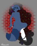  2020 absurd_res anthro bandage blue_body brick digital_media_(artwork) hair hi_res leaning male mammal nails open_mouth procyonid raccoon rickochet simple_background smoke solo 