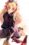  1girl asymmetrical_legwear bangs between_breasts black_legwear blonde_hair blush boba bow breasts cape detached_collar earrings ereshkigal_(fate/grand_order) fate/grand_order fate_(series) gold_trim hair_bow high_heels highres jewelry leotard long_hair looking_at_viewer medium_breasts open_mouth parted_bangs red_bow red_eyes sitting 