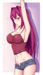  1girl ;o armpits arms_up bangs blush breasts camisole collarbone commentary_request cowboy_shot denim denim_shorts groin hair_between_eyes hair_down hair_intakes highres large_breasts long_hair midriff navel no_jacket one_eye_closed open_fly open_mouth red_camisole red_eyes red_hair shadow short_shorts shorts sidelocks sleepy solo soukitsu stretch taut_clothes thighs twitter_username under_night_in-birth yawning yuzuriha_(under_night_in-birth) 