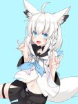  1girl ahoge animal_ear_fluff animal_ears bangs black_skirt blush braid breasts commentary_request eyebrows_visible_through_hair fox_ears fox_girl fox_tail hair_between_eyes highres hololive long_hair looking_at_viewer navel okuri_banto open_mouth shirakami_fubuki simple_background skirt smile solo tail virtual_youtuber white_hair 