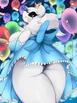  absurd_res anthro balloon big_breasts big_butt breasts butt clothed clothing confetti crown digital_media_(artwork) dress female fur hair hi_res looking_at_viewer mammal napdust polar_bear ponytail princess royalty smile solo star underwear ursid ursine white_body white_fur wide_hips 