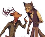  anthro antlers beastars bodily_fluids brown_body brown_fur canid canine canis cervid cheek_tuft chest_tuft clothed clothing duo eye_contact facial_tuft fully_clothed fur grey_body grey_fur hi_res horn inner_ear_fluff legoshi_(beastars) looking_at_another louis_(beastars) mammal simple_background sweat sweatdrop tuft viidakko white_background wolf 