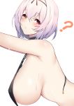  1girl ? armpits bangs bare_shoulders bikini black_bikini black_ribbon breasts commentary_request eyebrows_visible_through_hair from_side hair_between_eyes hair_ribbon highres kurifuto large_breasts leaning_forward looking_at_viewer looking_to_the_side original red_eyes ribbon short_hair sideboob silver_hair simple_background solo strap_gap sweat swimsuit untied untied_bikini upper_body white_background 