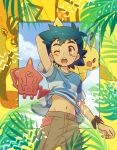  1boy arm_behind_back black_hair blue_shirt blue_sky brown_eyes brown_pants gen_1_pokemon gen_4_pokemon gen_7_pokemon highres leaf midriff navel okaohito1 one_eye_closed open_mouth pants pikachu poke_ball_symbol pokemon pokemon_(anime) pokemon_(creature) pokemon_on_shoulder pokemon_sm_(anime) rotom rotom_dex satoshi_(pokemon) shirt shirt_lift short_sleeves sky spiked_hair tapu_koko upper_teeth z-ring 