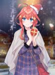  1girl ahoge bag bangs blue_eyes blurry blurry_background blush box breasts christmas collared_dress commentary_request cowboy_shot dress eyebrows_visible_through_hair gift gift_box go-toubun_no_hanayome hair_bun hair_intakes hair_ornament hat highres holding holding_gift jacket_on_shoulders large_breasts light_particles long_hair looking_at_viewer mini_hat mini_santa_hat nakano_itsuki night oenothera outdoors plaid plaid_dress purple_dress red_hair santa_hat shoulder_bag smile snowing solo standing star star_hair_ornament tilted_headwear 