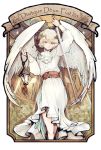  androgynous angel angel_wings bird blonde_hair dove dress feet_out_of_frame flower holding holding_lantern holding_sword holding_weapon itsukazu lantern latin_text long_sleeves looking_at_viewer original pink_flower platinum_blonde_hair short_hair solo sword weapon white_bird white_dress wings 