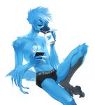  2019 anthro avian beak bird blue_body blue_eyes blue_feathers cellphone clothing cup digital_media_(artwork) drinking feathers hale. hi_res holding_object holding_phone phone simple_background smile solo tweetfur twitter underwear white_background 