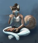  2020 4_toes 5_fingers anthro aurru breasts brown_hair canid canine canis chopsticks clothed clothing digital_media_(artwork) domestic_dog female fingers food green_eyes hair kneelong mammal open_mouth solo sushi teeth toes tongue 