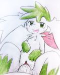  3_toes blush bodily_fluids clitoris colored_pencil_(artwork) eiroru female female_focus female_penetrated first_person_view flora_fauna fur genital_fluids genitals green_body green_eyes green_fur green_paws half-closed_eyes happy hi_res interspecies leg_markings legendary_pok&eacute;mon looking_at_viewer male male/female male_penetrating markings narrowed_eyes nintendo open_mouth penetration penis plant pok&eacute;mon pok&eacute;mon_(species) pok&eacute;philia pussy pussy_juice shaymin sky_forme_shaymin socks_(marking) spread_legs spreading toes tongue traditional_media_(artwork) video_games white_body white_fur 