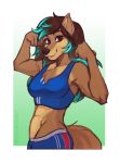  2019 5_fingers anthro audlin bottomwear bra brown_eyes brown_hair brown_nose canid canine canis chest_tuft clothing coyote digital_media_(artwork) eyebrows eyelashes female fingers flexing giaru_(artist) green_hair hair hi_res inner_ear_fluff looking_at_viewer mammal midriff multicolored_hair shorts simple_background smile solo sports_bra tuft two_tone_hair underwear 