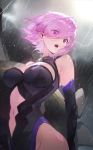  1girl a2ki black_gloves black_leotard breasts cleavage cleavage_cutout cloud cloudy_sky collar elbow_gloves fate/grand_order fate_(series) gloves hair_over_one_eye highleg highleg_leotard highres large_breasts lavender_hair leotard lightning looking_at_viewer mash_kyrielight metal_collar navel navel_cutout open_mouth purple_eyes rain shield short_hair sky solo storm wet 