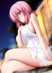  1girl arm_support bangs bare_arms bare_shoulders blurry blurry_background blush breasts commentary_request crossed_legs eyebrows_visible_through_hair feet_out_of_frame hair_between_eyes hand_up head_tilt highres large_breasts looking_at_viewer low_ponytail naked_towel night night_sky no_hat no_headwear nori_tamago nose_blush onsen outdoors parted_lips pink_hair red_eyes rock saigyouji_yuyuko short_hair sidelocks sitting sky solo steam sweat thighs touhou towel tree 