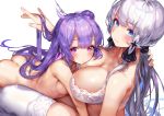  2girls absurdres ass azur_lane blue_eyes breasts commentary_request denchu_(kazudentyu) dress gloves highres illustrious_(azur_lane) lace_trim large_breasts multiple_girls nude purple_eyes purple_hair strapless strapless_dress unicorn_(azur_lane) white_dress white_gloves white_headwear yuri 