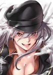  1girl black_headwear breasts cleavage ebifurya facial_scar gangut_(kantai_collection) grey_hair hair_between_eyes hair_ornament hairclip hat highres jacket kantai_collection lips long_hair open_mouth orange_eyes peaked_cap red_shirt scar shirt smile solo twitter_username white_jacket 