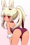  1girl :q animal_ear_fluff animal_ears ass bangs bare_shoulders bent_over blonde_hair blush bunny_ears bunny_girl bunny_tail bunnysuit closed_mouth commentary_request dark_skin eyebrows_visible_through_hair gradient gradient_background heart heart-shaped_pupils highres leotard long_hair looking_at_viewer looking_back masurao_(sekaiju) naga_u pink_background ponytail purple_leotard red_eyes sekaiju_no_meikyuu sekaiju_no_meikyuu_5 smile solo symbol-shaped_pupils tail thick_eyebrows tongue tongue_out white_background wrist_cuffs 