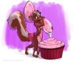  2020 abstract_background anthro apron apron_only breasts cheek_tuft clothing cupcake facial_tuft female food frosting holding_object mammal mephitid mostly_nude neck_tuft purple_background robcivecat signature simple_background skunk standing text tuft url white_background zuzu_(lemonadezuzu) 