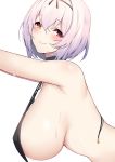  1girl armpits bangs bare_shoulders bikini black_bikini black_ribbon breasts closed_mouth eyebrows_visible_through_hair from_side hair_between_eyes hair_ribbon highres kurifuto large_breasts leaning_forward looking_at_viewer looking_to_the_side original red_eyes ribbon short_hair sideboob silver_hair simple_background smile solo strap_gap sweat swimsuit untied untied_bikini upper_body white_background 