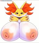  2020 animated big_breasts bra breasts bust_portrait clothed clothing delphox female front_view fur huge_breasts inner_ear_fluff looking_at_viewer mammal matospectoru nintendo nipples pok&eacute;mon pok&eacute;mon_(species) portrait red_body red_eyes red_fur simple_background smile solo tuft underwear video_games white_background yellow_body yellow_fur 