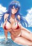  1girl alternate_breast_size areola_slip areolae arm_support bikini blue_eyes blue_hair blue_sky breasts cleavage cloud fire_emblem fire_emblem_awakening highres janong large_breasts long_hair lucina_(fire_emblem) lying micro_bikini navel ocean on_side red_bikini skindentation sky smile super_smash_bros. swimsuit tiara 