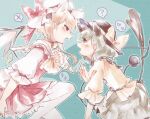  2girls ? animal_ears aqua_background ascot black_headwear blonde_hair bow cat_ears cat_tail collared_shirt crystal eyeball fang flandre_scarlet frilled_shirt frilled_shirt_collar frilled_skirt frilled_sleeves frills green_eyes green_hair green_skirt hat hat_ribbon heart komeiji_koishi mob_cap multiple_girls one_side_up open_mouth pointy_ears puffy_short_sleeves puffy_sleeves red_bow red_eyes red_ribbon red_skirt red_vest ribbon shirt short_hair short_sleeves skirt sorani_(kaeru0768) spoken_heart spoken_question_mark spoken_star spoken_x star_(symbol) tail third_eye touhou vest white_shirt wings yellow_ascot yellow_ribbon yellow_shirt 