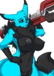 2020 alpha_channel anthro black_belly black_nipples black_pussy black_sclera blue_body blue_eyes blue_fur digimon digimon_(species) female fur genitals hi_res navel neck_tuft nipples nude pussy renamon simple_background solo tools transparent_background tuft wrench yawg 