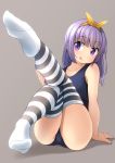  1girl blue_swimsuit flat_chest full_body grey_background highres leg_up long_hair medium_hair no_shoes original purple_eyes purple_hair ribbon school_swimsuit shibacha simple_background smile soles solo striped striped_legwear swimsuit thighhighs tongue tongue_out 