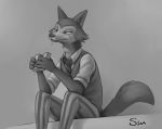  2020 anthro beastars bottomwear canid canine canis cheek_tuft clothed clothing eating facial_tuft food fully_clothed fur greyscale hi_res holding_food holding_object inner_ear_fluff legoshi_(beastars) mammal monochrome necktie pants s1m sandwich_(food) shirt sitting solo topwear tuft wolf 