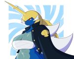  2018 abs abstract_background anthro big_breasts blue_body breasts chest_wraps cleavage clothed clothing cottoncanyon digital_media_(artwork) eye_scar female hair half-length_portrait hi_res horn jacket muscular muscular_female nintendo orange_eyes pok&eacute;mon pok&eacute;mon_(species) pok&eacute;morph portrait renma_hotate samurott scar simple_background smile solo topwear video_games white_hair wraps 