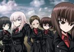  4girls akaboshi_koume black_hair brown_eyes brown_hair character_request cloud cloudy_sky girls_und_panzer green_eyes hair_between_eyes hand_in_hair hand_in_pocket highres itsumi_erika kamishima_kanon kuromorimine_military_uniform long_hair multiple_girls nishizumi_maho short_hair sky 