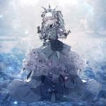  bangs barefoot black_flower black_gloves doll_joints dress dress_bow dress_flower flower full_body gloves grey_dress hair_flower hair_ornament highres looking_at_viewer moe_(hamhamham) personification pink_eyes pokemon ribs standing twintails white_flower white_hair 