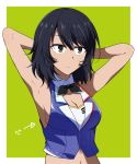  1girl andou_(girls_und_panzer) armpits arms_behind_head arms_up bangs bc_freedom_school_uniform black_hair black_neckwear blue_shirt breasts brown_eyes cleavage cleavage_cutout closed_mouth collared_shirt commentary crop_top emoticon eyebrows_visible_through_hair frown girls_und_panzer green_background looking_to_the_side medium_breasts medium_hair messy_hair nakaba_neteru navel neck_ribbon outside_border ribbon school_uniform shirt sideboob sleeveless sleeveless_shirt solo upper_body zipper 