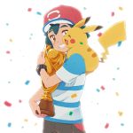  1boy baseball_cap black_hair blue_shirt brown_eyes brown_shorts celebration commentary_request confetti gen_1_pokemon happy hat light object_hug okaohito1 open_mouth pikachu poke_ball_theme pokemon pokemon_(anime) pokemon_(creature) pokemon_on_shoulder pokemon_sm_(anime) satoshi_(pokemon) shirt short_sleeves shorts smile spiked_hair spoilers teeth trophy upper_body white_background z-ring 